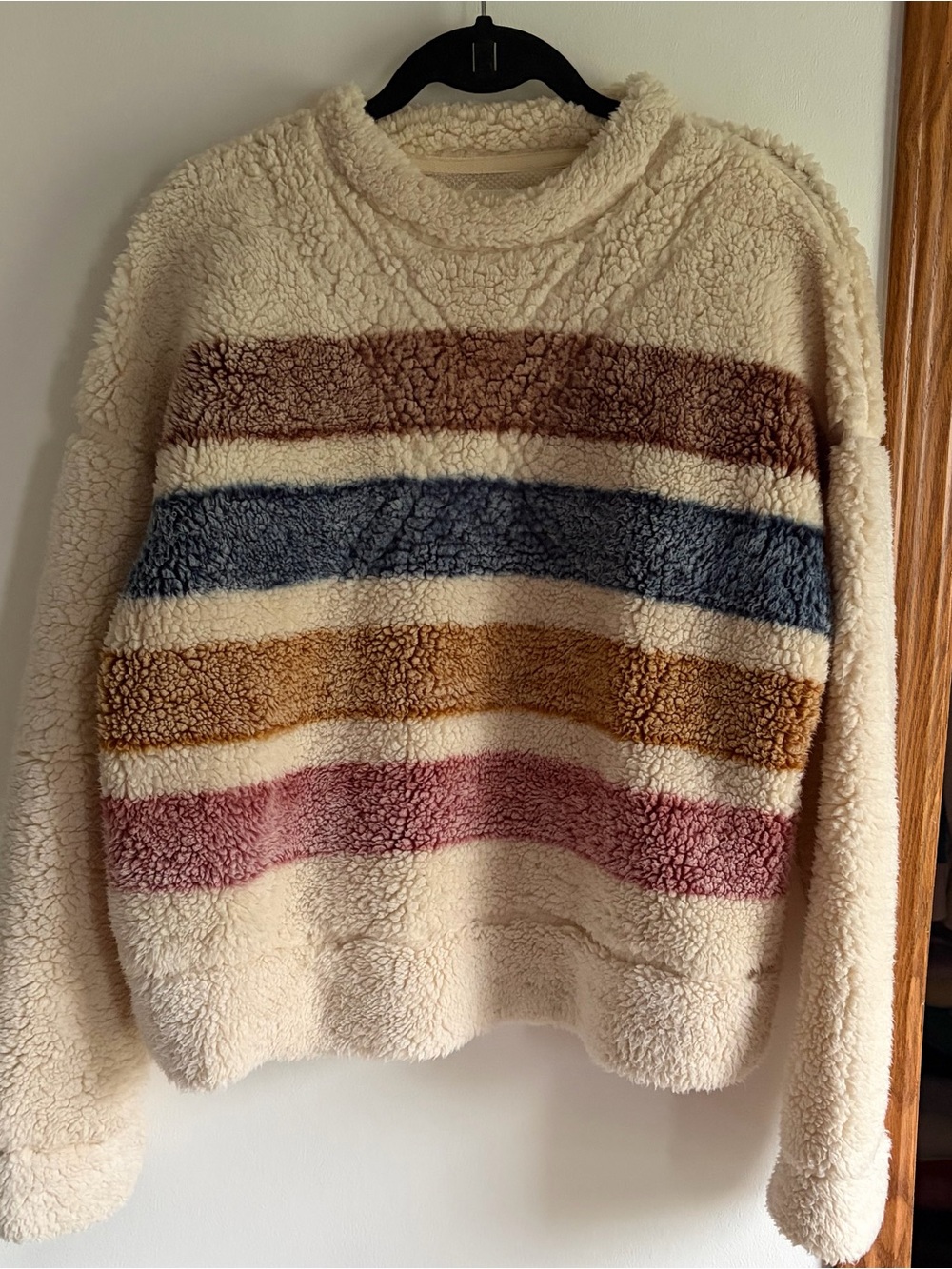 Thread & Supply Cream Sherpa Pullover with Brown, Blue and Pink Stripes